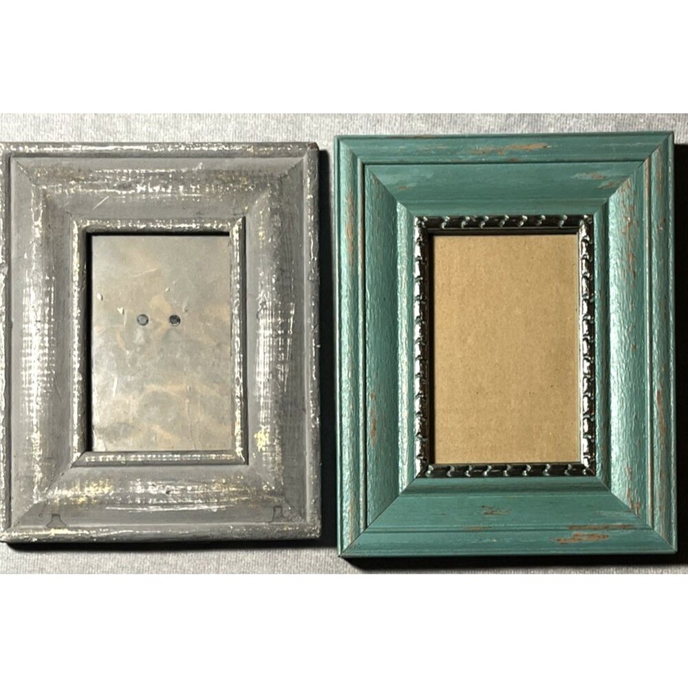 2 Distressed Wood 4x6 Picture Frames Rustic Farmhouse Weathered Teal Green Gray